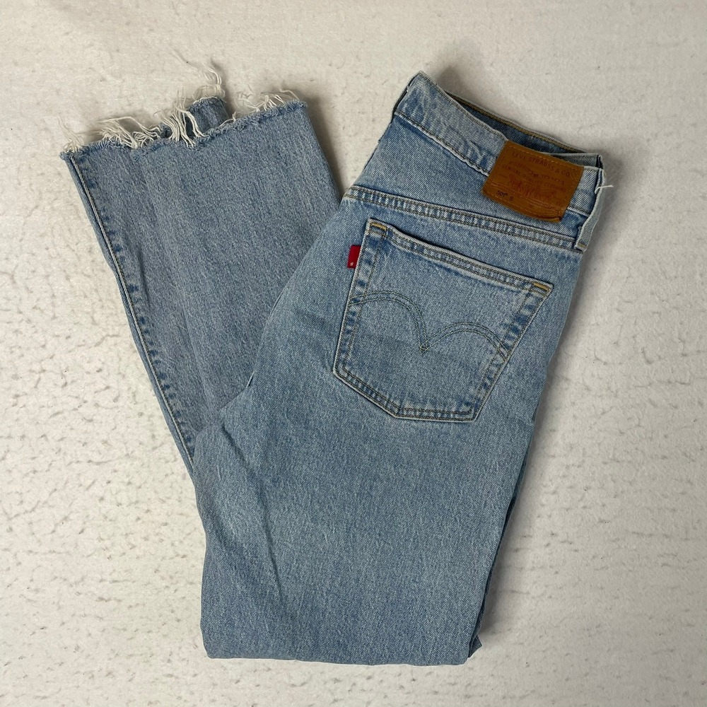 Levi's 501 S Jeans Womens 30 Light Blue Frayed Hem Straight Leg Denim